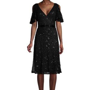 Mac Duggal Black Butterfly-Sleeve Beaded A-Line Dress